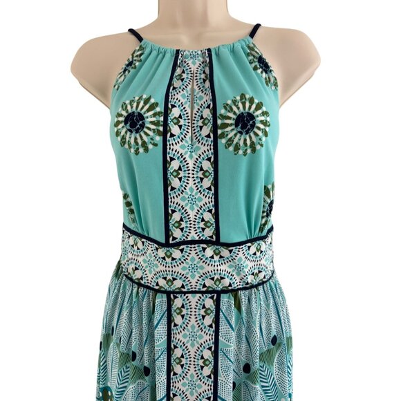 Dressbarn Aqua Print Halter Keyhole Neckline Summer Dress Size 14 Sundress Party - Picture 2 of 7